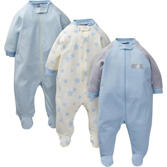 NEW SET OF 3 Gerber Organic Cotton Baby Sleep'n'Plays - Blue Stars 0-3 months - Picture 1 of 12